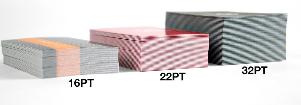 Compare Paper Stock Thickness Below demonstrates the thickness compared to our 16PT matte business card and our 22PT gloss laminated business card.