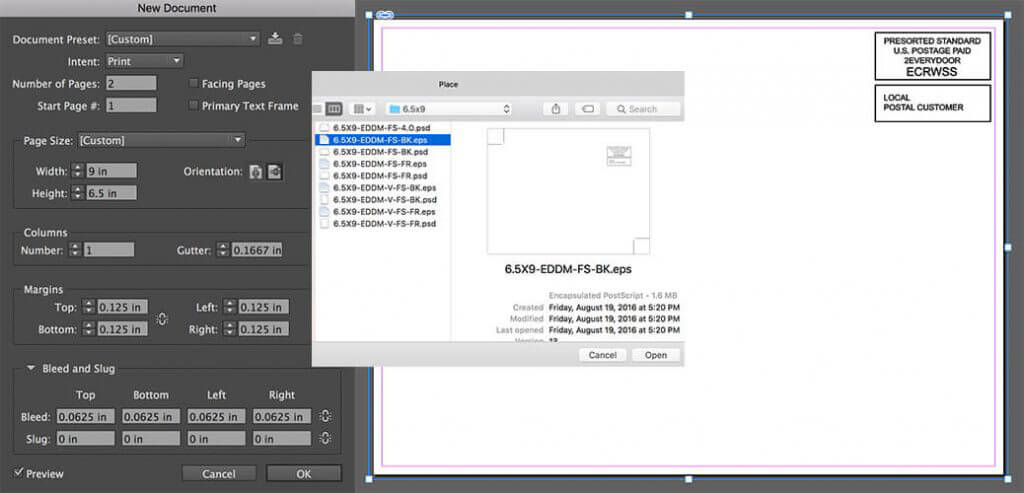 Indicia file placement for a 6.5 x 9 inch for an EDDM® Postcard Indesign indicia file placement for a 6.5" x 9" EDDM Postcard