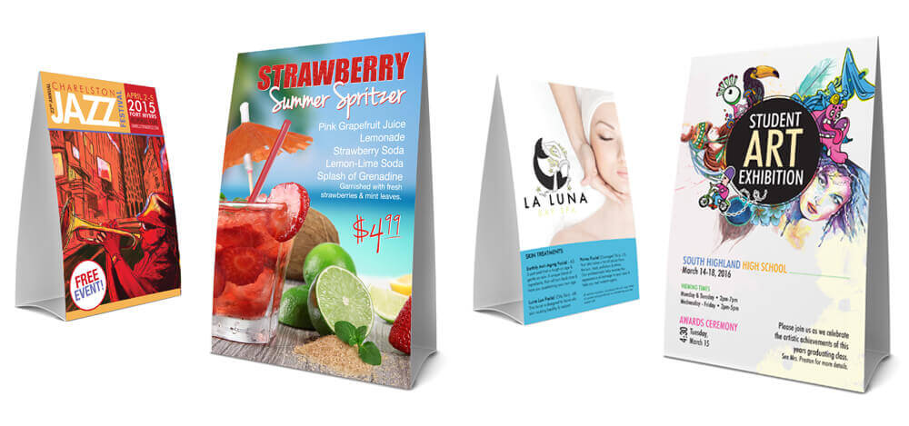 Custom Table Tents Examples of custom table tents promoting a variety of products and items.