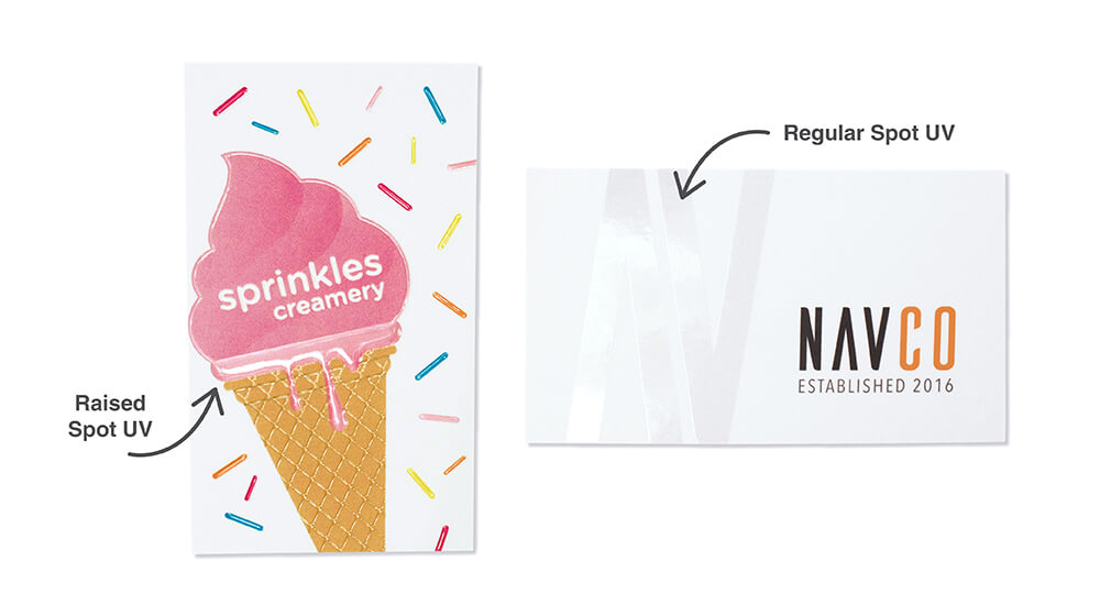 Announcing new Raised Spot UV Business Cards. Take a look at the difference. Regular Spot UV card vs. Raised Spot UV.