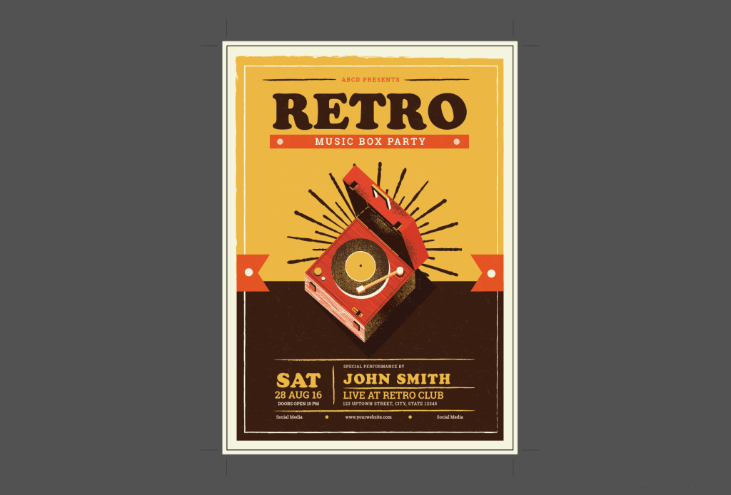 Custom Flyers This 8″ x 11.5″ “Record Player Flyer” template designed by Guuver has fully editable vector graphics as well as editable text.