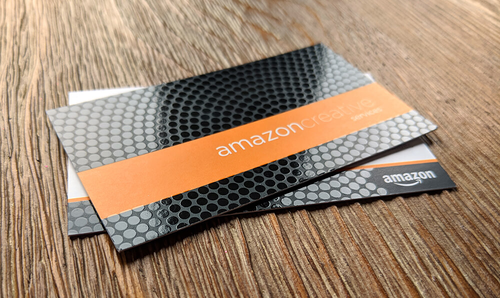 The Amazon Business Cards included Spot UV When a person comes in contact with your business card they are interacting with your brand. Making the right impression is critical and having a great business card design can play an important role!