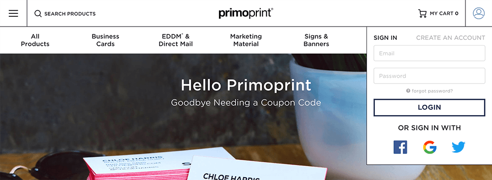 Logging In and Accessing Your Primoprint Account We've made it easy to log into your account. You can login manually or via your Facebook, Google, or Twitter account.