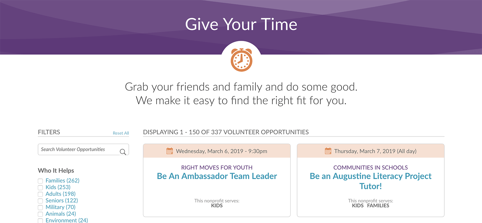 SHARE Charlotte Volunteer Page Check out their volunteer page. They currently have over 300 opportunities for you to choose from.