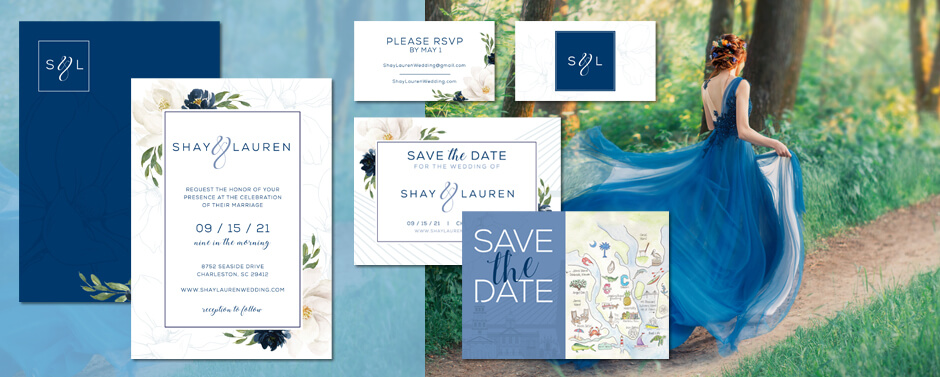 Custom Wedding Invitations Beautiful wedding invitations with the use of the color blue.