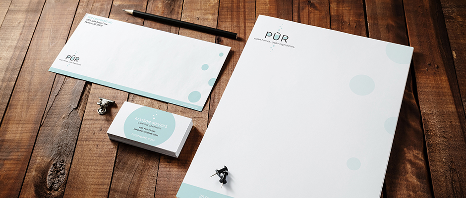 cleaning company print marketing Printed letterhead, envelope, business card. Pure Cleaning Company