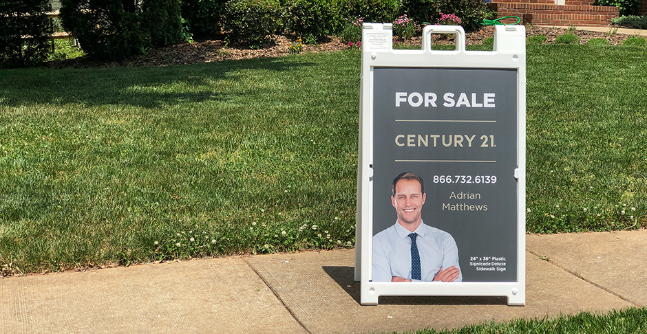 Sidewalk sign A-frame sidewalk sign. Open house. Real Estate. Century 21